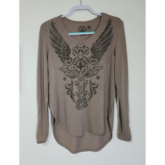 Affliction Tops - Affliction Womens Rhinestone V-Neck Tee Top Size M Brown Long Sleeve Grunge Y2K